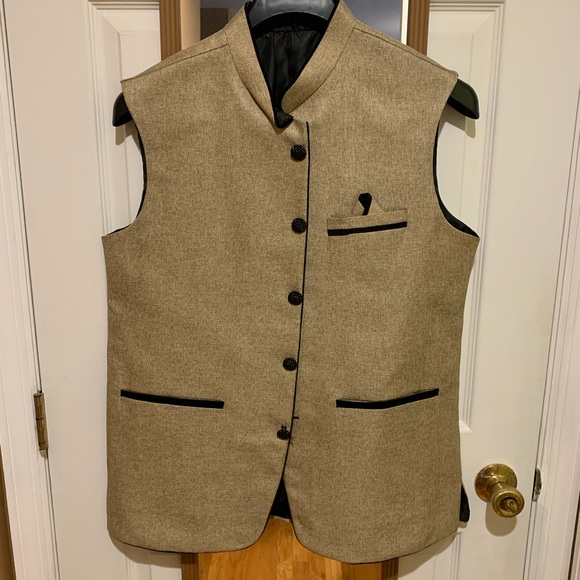 Tan Nehru Jacket with Black Accents and Stand-Up Collar - Picture 1 of 3